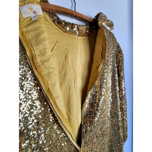 Vintage 50s 60s Gold Sequin Cocktail Dress: Mod Long Sleeve Shift, Women's M/L - Picture 8 of 13